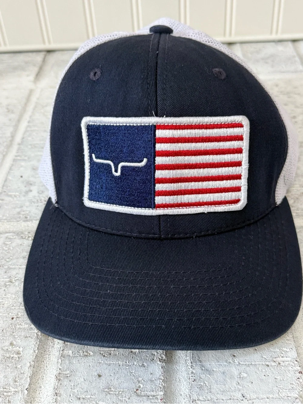 Kimes Ranch American Flag Longhorn Trucker Hat Navy White Mesh Snapback